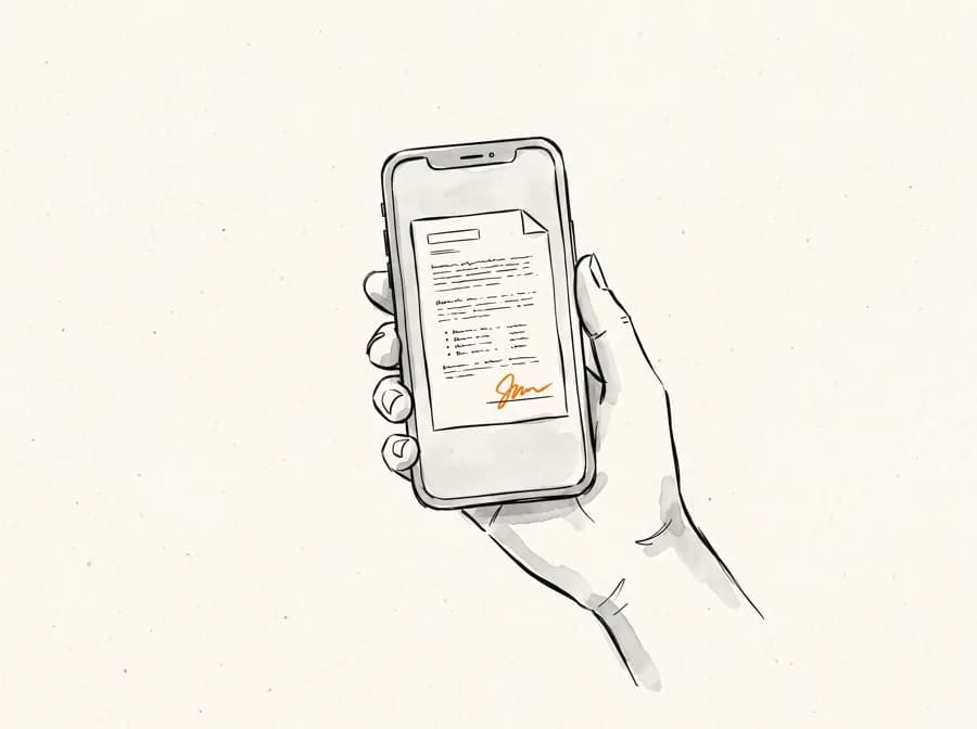 A hand holding a phone, a document on the screen signed in orange.