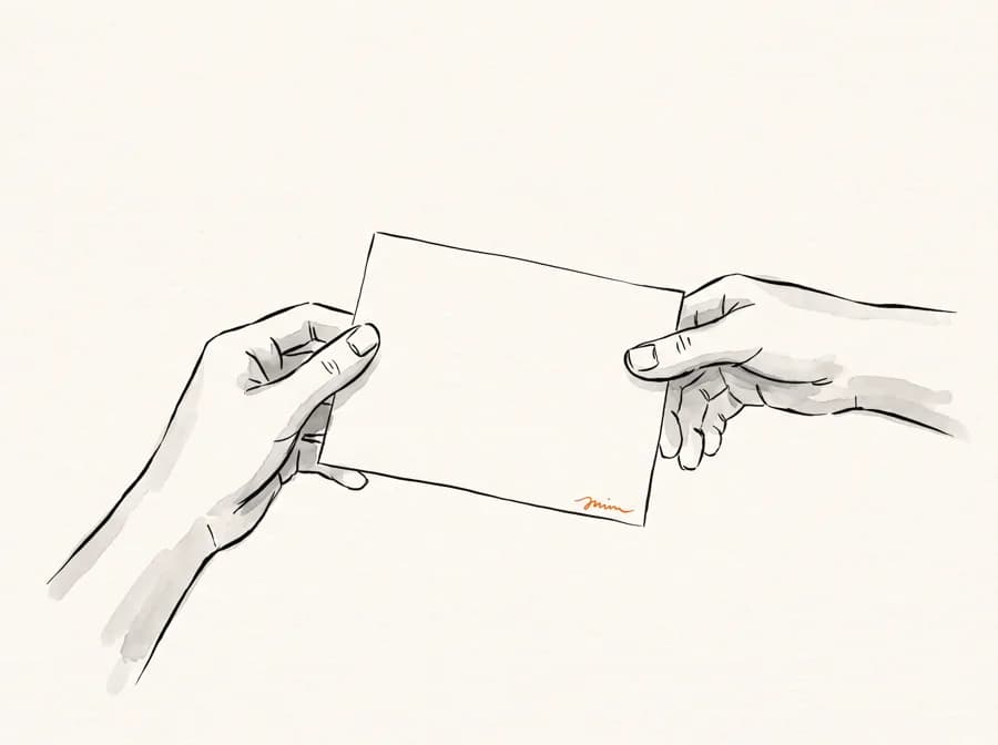 Two hands passing a signed sheet of paper between them.