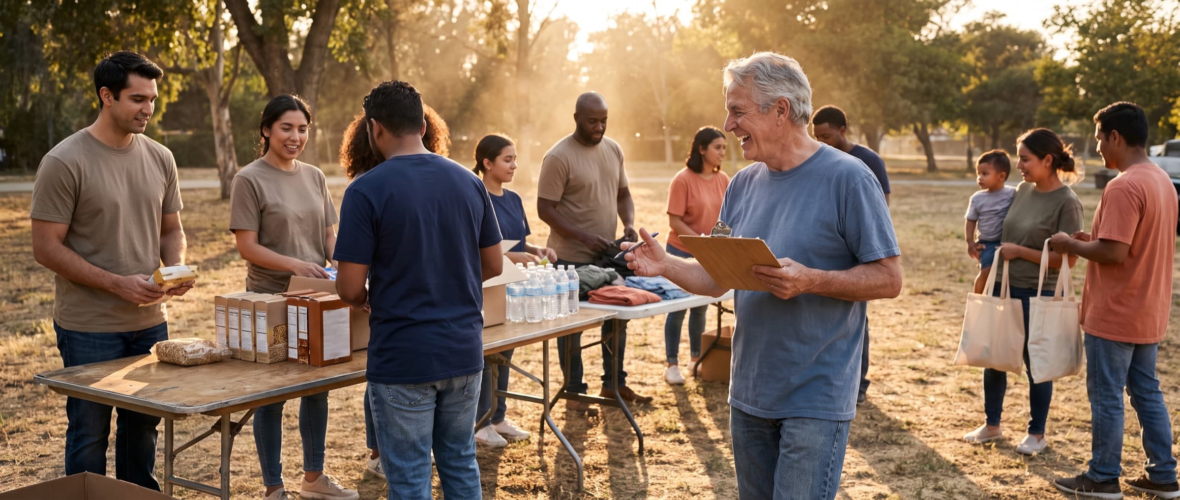 Volunteers handing out supplies from folding tables at an outdoor community event in late afternoon light.