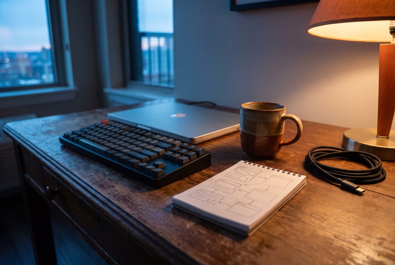A desk at dusk: a laptop turned away, a mechanical keyboard, a mug, and a notebook with pencil sketches of boxes and arrows.