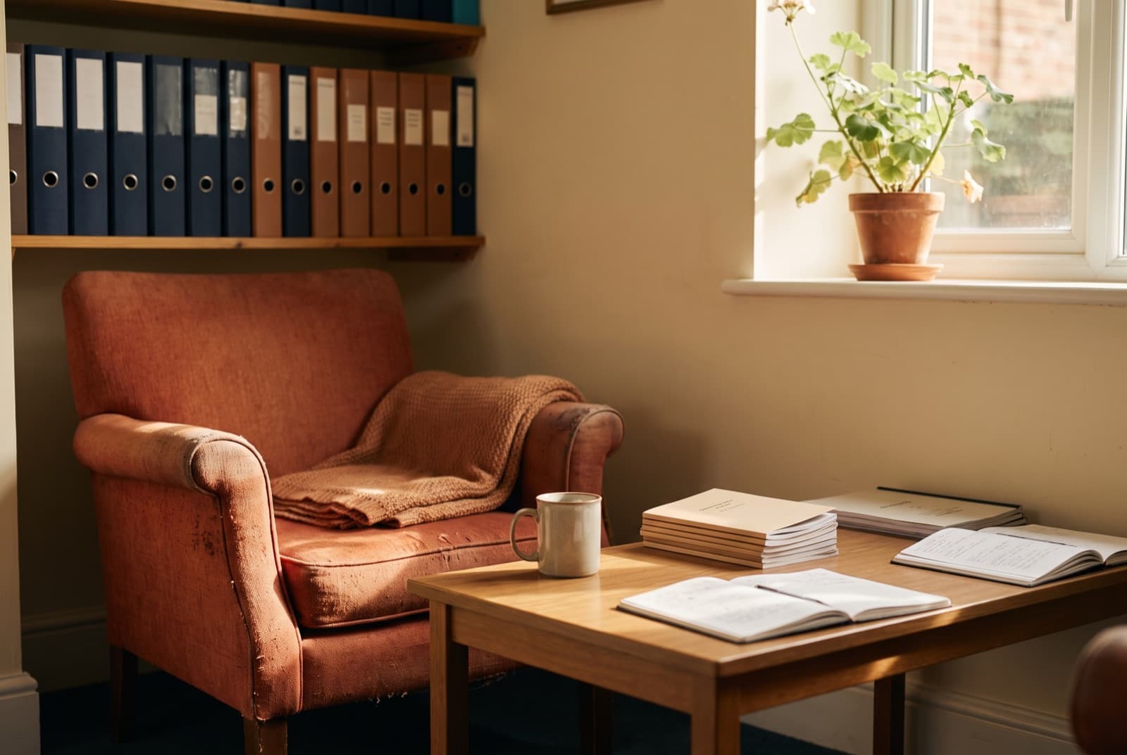 A quiet reading corner in a community centre: a worn armchair, a low table with printed booklets and a mug, a shelf of ring binders behind.