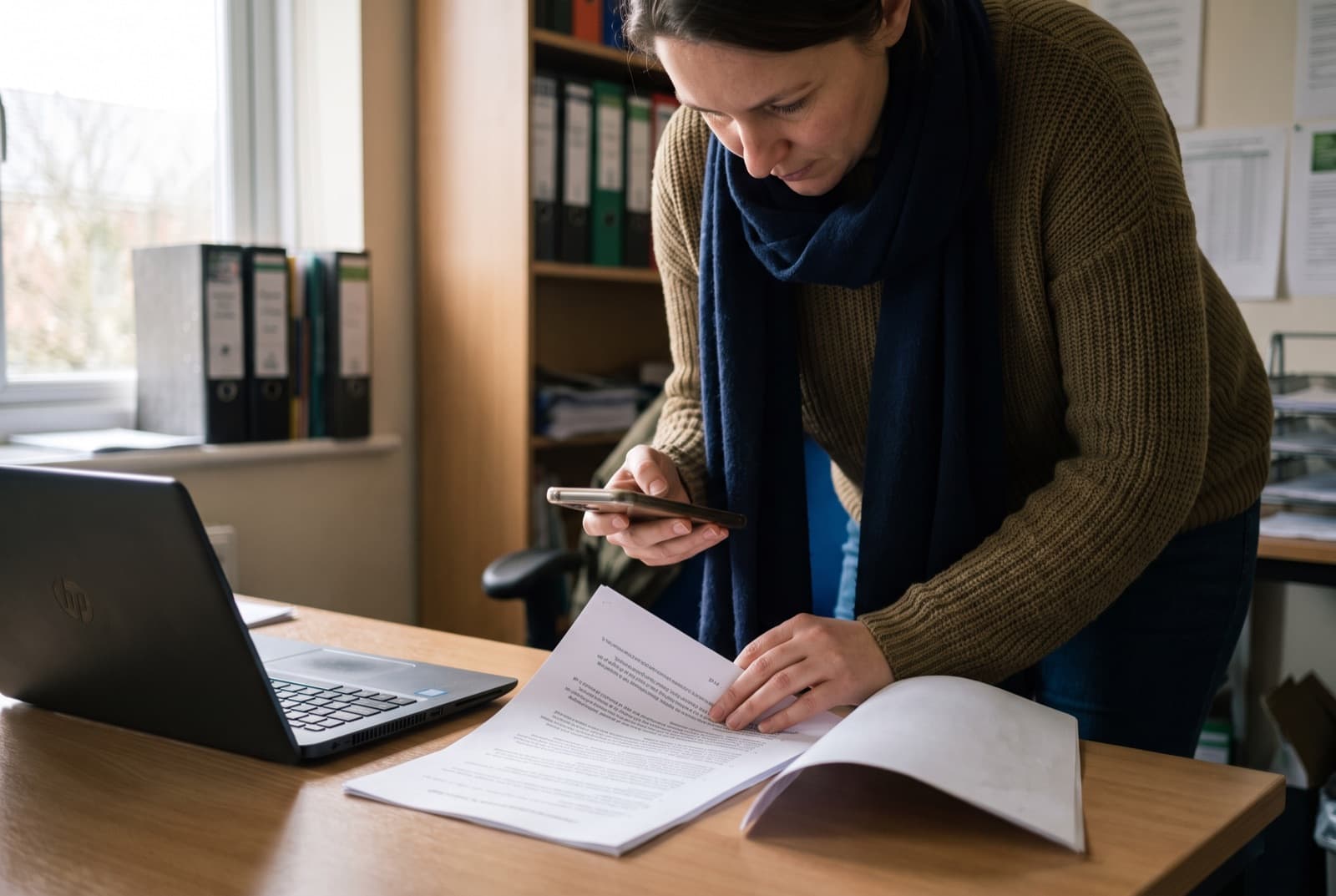 A woman at a tidy desk photographing a printed multi-page agreement with her phone.
