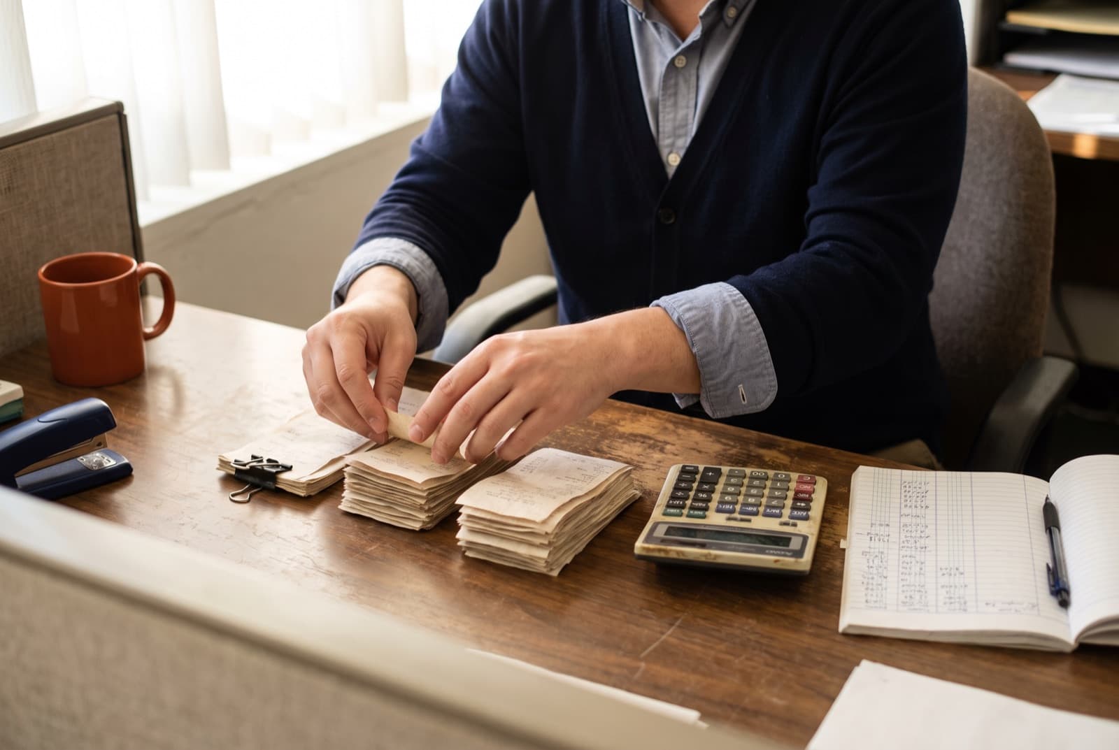 A finance officer sorting a clipped stack of paper receipts beside a calculator.