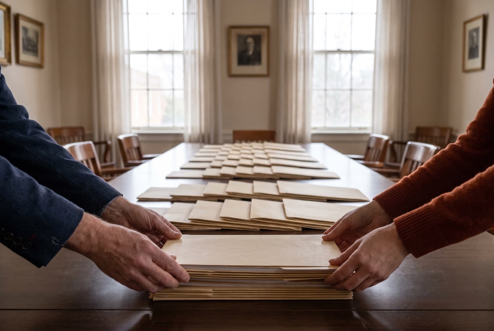 Dozens of identical document folders laid out in rows along a long table, hands squaring a stack.
