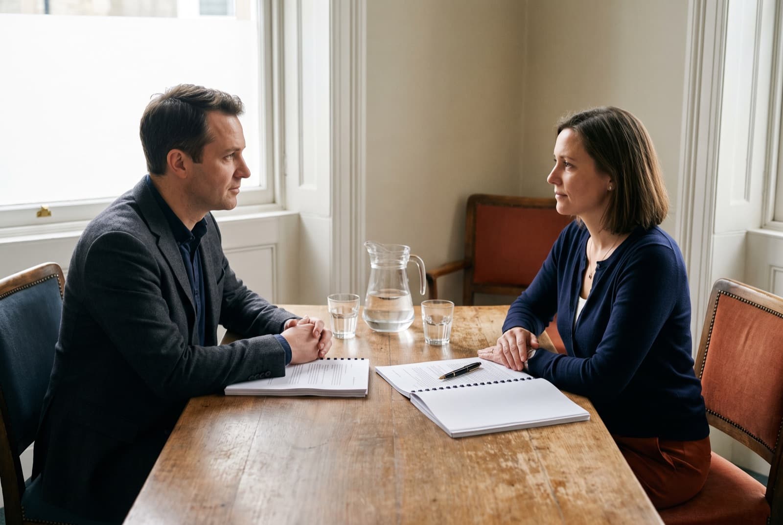 Two people across a small table with two copies of a just-signed agreement between them.