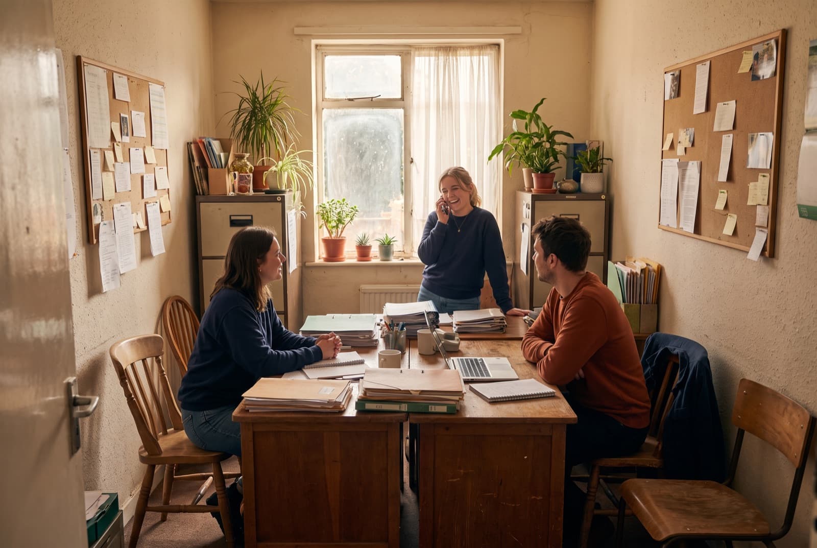 Three people working in one modest room with mismatched furniture and several plants.