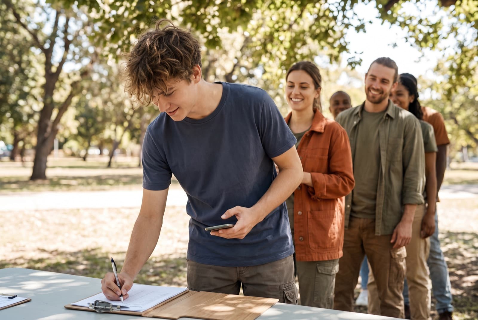 A volunteer signing a form on a clipboard at an outdoor registration table, others waiting behind.
